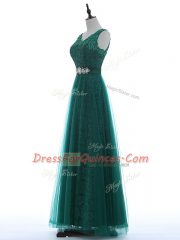 Green V-neck Neckline Beading and Appliques Evening Dress Sleeveless Zipper