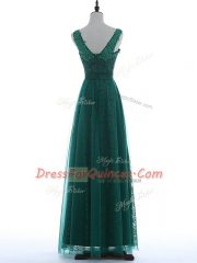 Green V-neck Neckline Beading and Appliques Evening Dress Sleeveless Zipper
