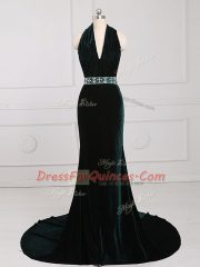 Latest Dark Green Elastic Woven Satin Zipper Prom Evening Gown Sleeveless Brush Train Beading