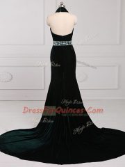 Latest Dark Green Elastic Woven Satin Zipper Prom Evening Gown Sleeveless Brush Train Beading
