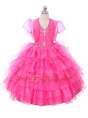Hot Pink Sleeveless Beading and Ruffled Layers Floor Length Little Girl Pageant Dress