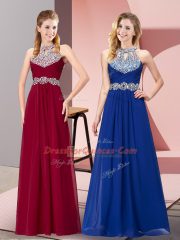 New Arrival Halter Top Sleeveless Dress for Prom Floor Length Beading Wine Red Chiffon