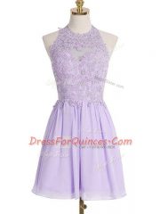 Best Selling Lavender Chiffon Lace Up Halter Top Sleeveless Knee Length Vestidos de Damas Lace