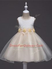 Champagne Zipper Scoop Lace and Hand Made Flower Flower Girl Dresses Tulle Sleeveless