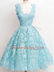 Aqua Blue Straps Zipper Lace Quinceanera Court of Honor Dress Sleeveless