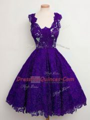 Sleeveless Knee Length Lace Lace Up Dama Dress with Purple