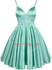 Stunning A-line Dama Dress for Quinceanera Apple Green Spaghetti Straps Elastic Woven Satin Sleeveless Knee Length Lace Up