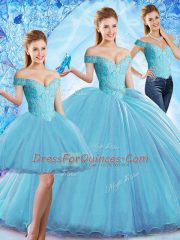 Off The Shoulder Sleeveless Quinceanera Gown Sweep Train Beading Baby Blue Organza