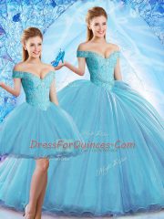 Off The Shoulder Sleeveless Quinceanera Gown Sweep Train Beading Baby Blue Organza