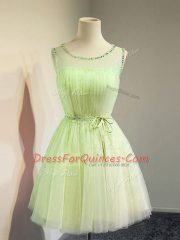 Latest Yellow Green Sleeveless Knee Length Belt Lace Up Vestidos de Damas
