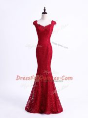 Customized Floor Length Mermaid Sleeveless Red Prom Evening Gown Lace Up