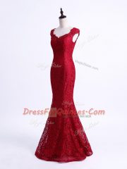 Customized Floor Length Mermaid Sleeveless Red Prom Evening Gown Lace Up