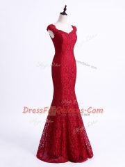 Customized Floor Length Mermaid Sleeveless Red Prom Evening Gown Lace Up