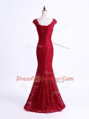 Customized Floor Length Mermaid Sleeveless Red Prom Evening Gown Lace Up