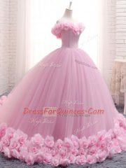 Delicate Baby Pink Sleeveless Tulle Brush Train Lace Up Sweet 16 Dresses for Military Ball and Sweet 16 and Quinceanera