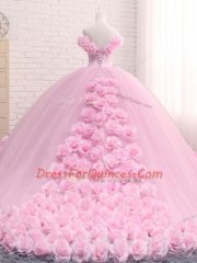Delicate Baby Pink Sleeveless Tulle Brush Train Lace Up Sweet 16 Dresses for Military Ball and Sweet 16 and Quinceanera