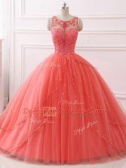 Coral Red 15th Birthday Dress Military Ball and Sweet 16 and Quinceanera with Beading and Lace Sweetheart Sleeveless Brush Train Lace Up