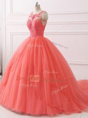 Coral Red 15th Birthday Dress Military Ball and Sweet 16 and Quinceanera with Beading and Lace Sweetheart Sleeveless Brush Train Lace Up