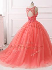 Coral Red 15th Birthday Dress Military Ball and Sweet 16 and Quinceanera with Beading and Lace Sweetheart Sleeveless Brush Train Lace Up