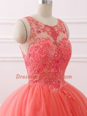 Coral Red 15th Birthday Dress Military Ball and Sweet 16 and Quinceanera with Beading and Lace Sweetheart Sleeveless Brush Train Lace Up