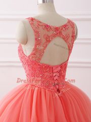 Coral Red 15th Birthday Dress Military Ball and Sweet 16 and Quinceanera with Beading and Lace Sweetheart Sleeveless Brush Train Lace Up