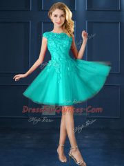 Exceptional Bateau Cap Sleeves Lace Up Damas Dress Turquoise Tulle