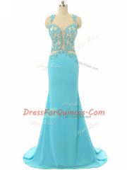Custom Made Aqua Blue Chiffon Backless Prom Party Dress Sleeveless Brush Train Lace and Appliques