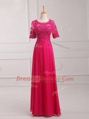 Luxury Hot Pink Half Sleeves Chiffon Zipper Evening Dress for Prom and Military Ball and Beach