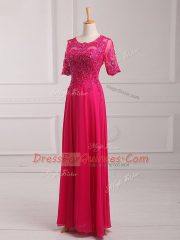 Luxury Hot Pink Half Sleeves Chiffon Zipper Evening Dress for Prom and Military Ball and Beach