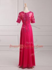 Luxury Hot Pink Half Sleeves Chiffon Zipper Evening Dress for Prom and Military Ball and Beach