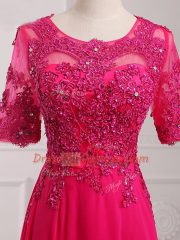Luxury Hot Pink Half Sleeves Chiffon Zipper Evening Dress for Prom and Military Ball and Beach