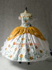 Fashionable Floor Length Multi-color Sweet 16 Dresses Organza and Taffeta Cap Sleeves Embroidery and Ruffles