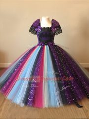 Square Short Sleeves Pageant Gowns For Girls Floor Length Sequins and Pattern Multi-color Tulle