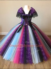 Square Short Sleeves Pageant Gowns For Girls Floor Length Sequins and Pattern Multi-color Tulle