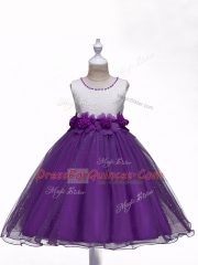 Latest Purple Scoop Zipper Lace and Hand Made Flower Kids Pageant Dress Sleeveless