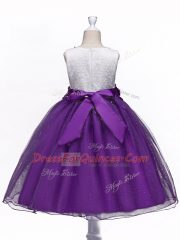 Latest Purple Scoop Zipper Lace and Hand Made Flower Kids Pageant Dress Sleeveless