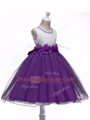 Latest Purple Scoop Zipper Lace and Hand Made Flower Kids Pageant Dress Sleeveless