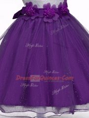 Latest Purple Scoop Zipper Lace and Hand Made Flower Kids Pageant Dress Sleeveless