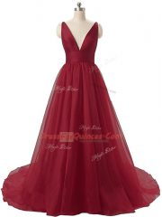 Fabulous Burgundy V-neck Neckline Ruching Prom Party Dress Sleeveless Backless