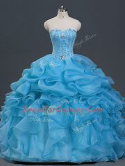 Floor Length Lace Up Quinceanera Dresses Baby Blue for Military Ball and Sweet 16 and Quinceanera with Beading and Ruffles and Pick Ups