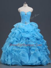Floor Length Lace Up Quinceanera Dresses Baby Blue for Military Ball and Sweet 16 and Quinceanera with Beading and Ruffles and Pick Ups