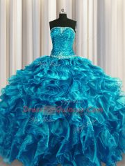 Teal Sleeveless Organza Lace Up Quinceanera Dresses for Military Ball and Sweet 16 and Quinceanera