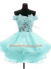 Customized Aqua Blue Organza Zipper Off The Shoulder Sleeveless Mini Length Homecoming Dress Beading and Lace