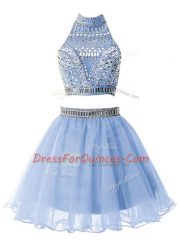A-line Vestidos de Damas Light Blue High-neck Organza Sleeveless Knee Length Zipper