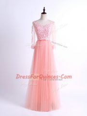 Low Price Pink Tulle Lace Up Damas Dress Half Sleeves Floor Length Lace