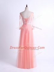 Low Price Pink Tulle Lace Up Damas Dress Half Sleeves Floor Length Lace