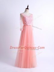 Low Price Pink Tulle Lace Up Damas Dress Half Sleeves Floor Length Lace