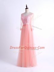 Low Price Pink Tulle Lace Up Damas Dress Half Sleeves Floor Length Lace