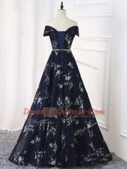 Multi-color Off The Shoulder Neckline Beading and Belt Prom Evening Gown Sleeveless Lace Up