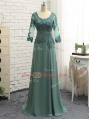 Green Zipper Scalloped Lace and Appliques and Ruching Prom Evening Gown Chiffon Long Sleeves